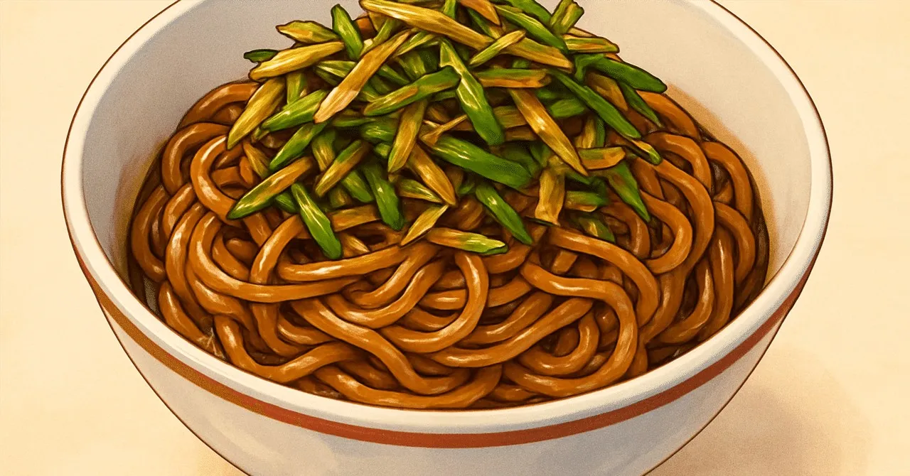 醤油色に絡んだ細麺の上に揚げたねぎをたっぷりのせた、赤い縁の白い丼の葱油和え麺のイラスト